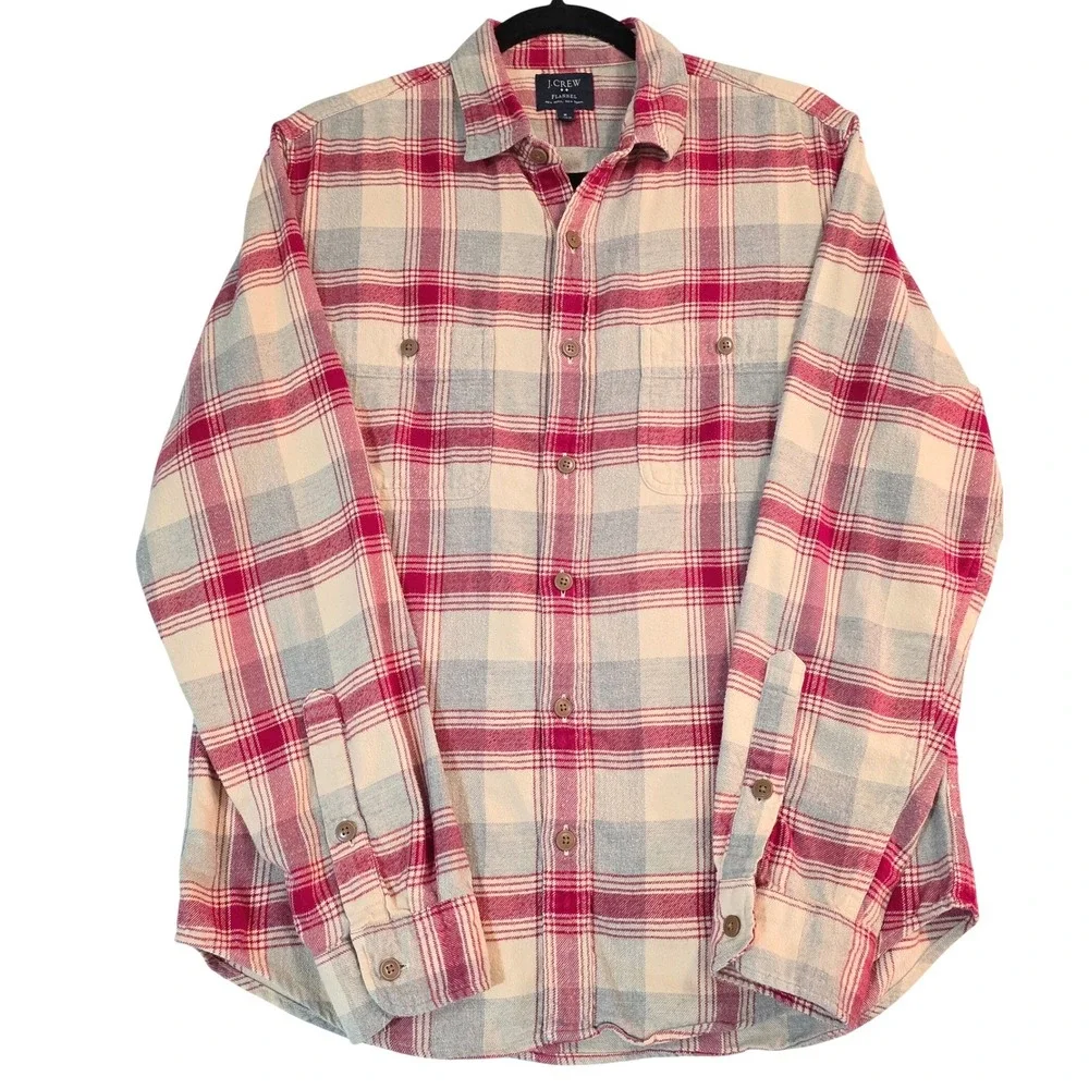 J Crew Flannel Shirt Cream Red‎ Blue Plaid Long Sleeve Button Up Men's M